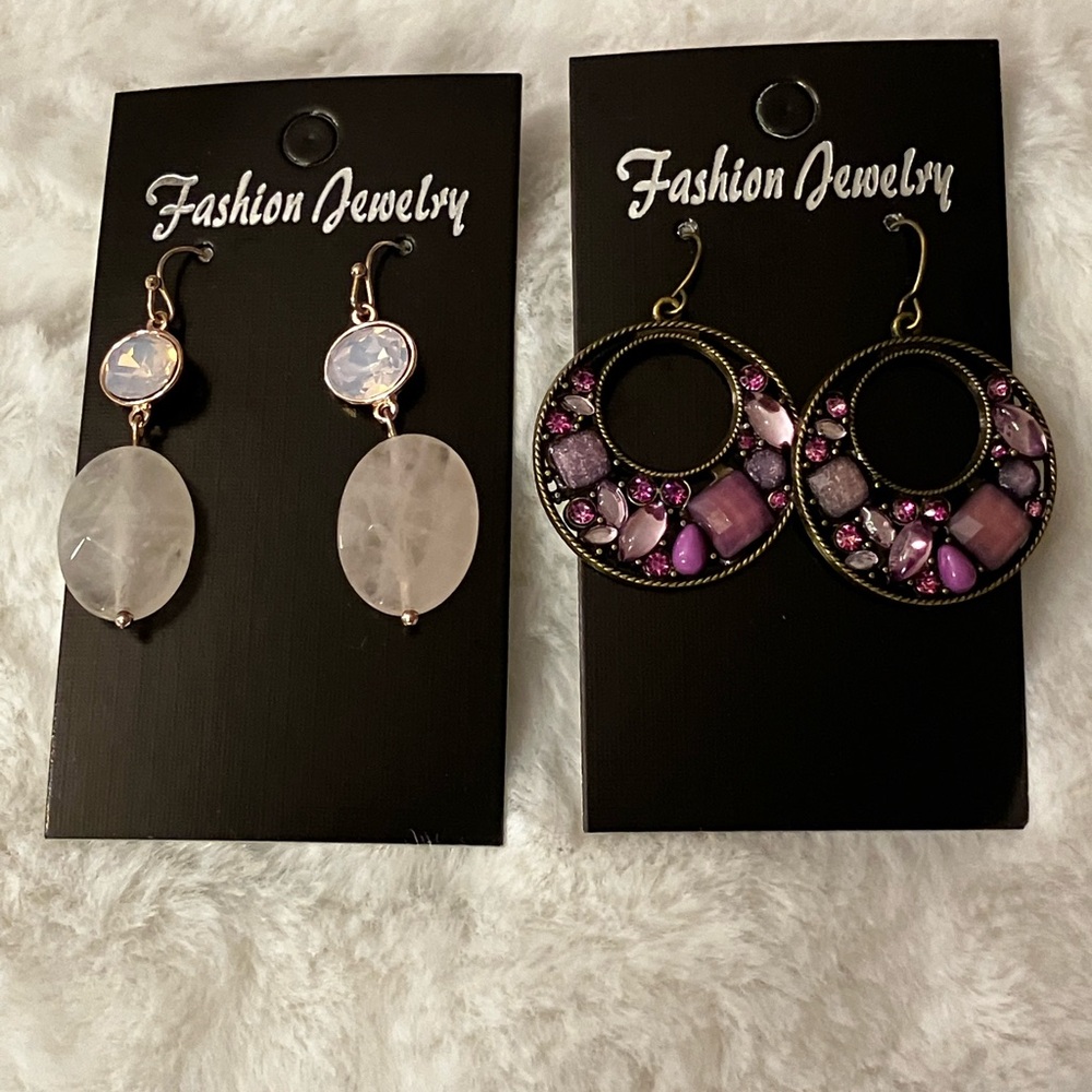 Fashion Jewelry Purple Mosaic Hoop and Rose Quartz Drop Earrings